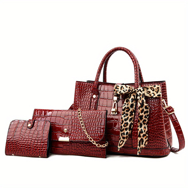 3 Pcs Classic Crocodile Embossed Bag Sets, Solid Color Elegant Tote Bag & Shoulder Bag & Clutch Card Case