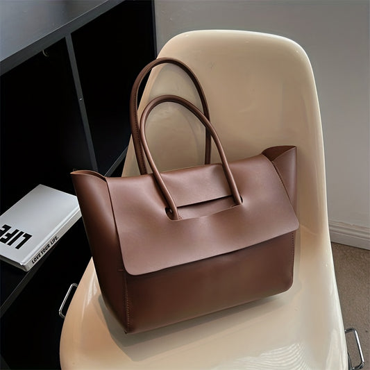 realaiot  Solid Color Fashion Tote Bag, Large Capacity PU Leather Shoulder Bag, Vintage Casual Handbag