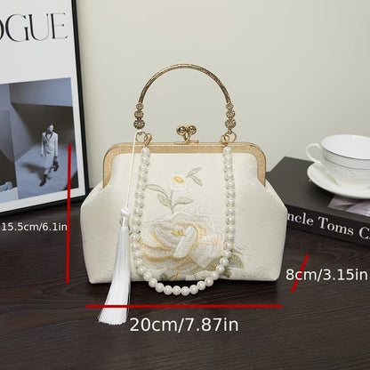 realaiot  Embroidered Cheongsam Handbag, Elegant Faux Pearl Chain Clip Purse, Retro Chinese Clutch Bag For Women