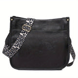 realaiot  Leopard Print Straps Crossbody Bag, Solid Color Saddle Bag, Shoulder Zipper Bag For Work