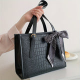 realaiot  Simple Black Crocodile Pattern Tote Bag, Classic Textured Handbag With Scarf Decor For Women