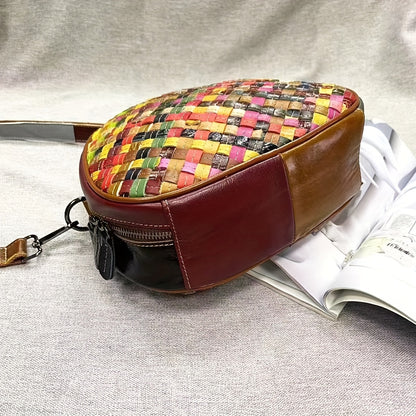 Bohemian Woven Shell Handbag, Genuine Leather Crossbody Bag, Retro Ethnic Style Colorful Dome Purse For Women