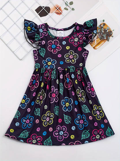 3pcs Girls Summer Floral Ruffle Dress Set - Adorable Print, Playful Ruffles, Lightweight Short Sleeves for Stylish Outfits