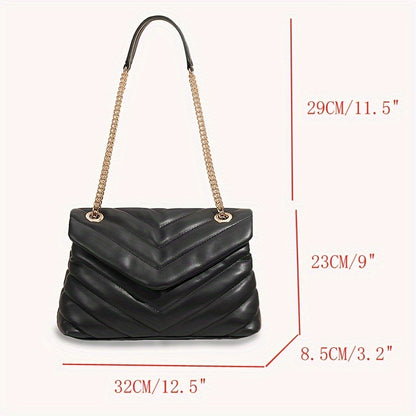 Minimalist Quilted Detail Chain Bag, Classic Solid Color Shoulder Bag, Women's Faux Leather Handbag