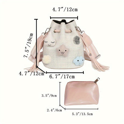 realaiot 2pcs/set Mini Cute Bucket Bag, Kawaii Drawstring Crossbody Bag, Women's Lovely Handbag, Shoulder Bag & Purse