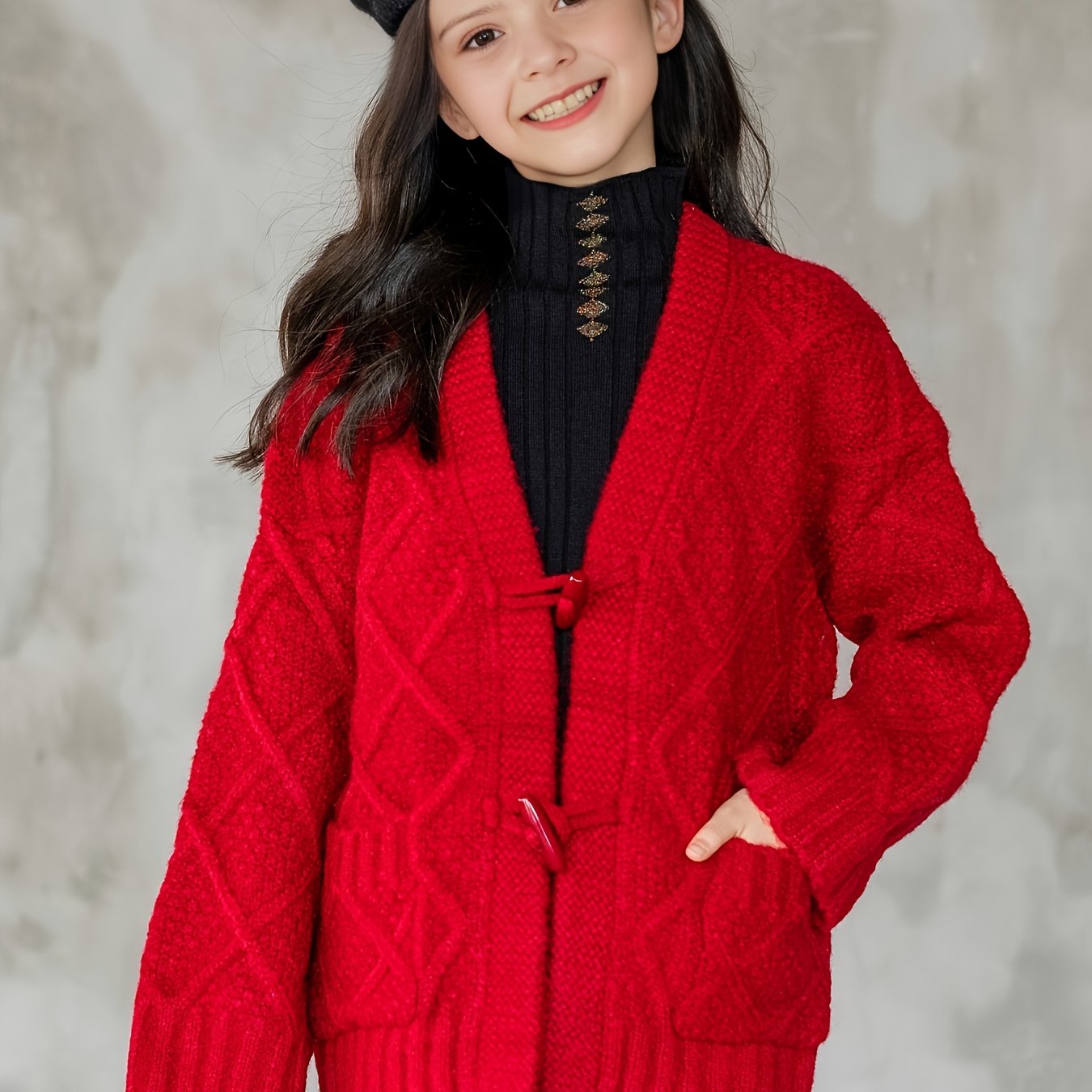 Casual Pockets Knit Cardigan Coat For Girls, Solid Color Long Sleeve Knitted Outerwear Winter/ Fall Clothing, 1pc