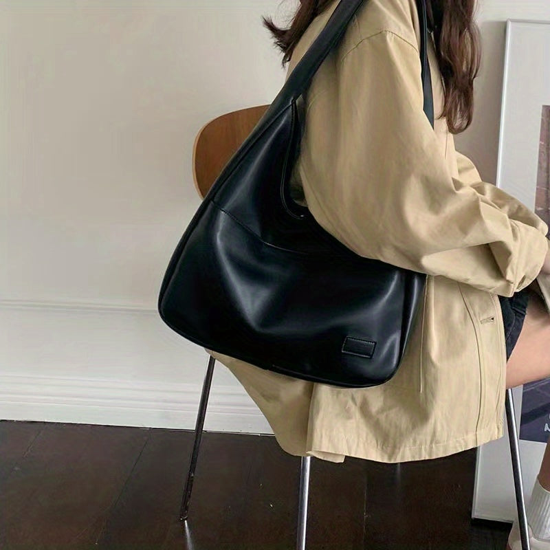 realaiot Solid Color Hobo Bag, Simple PU Leather Tote Bag, Large Capacity Handbag For School Work