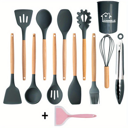 3/13/33pcs Wooden Handle Silicone Kitchenware Silicone Spoon Shovel Kitchen Gadgets Set Kitchen Cooking Tools Back To School Supplies