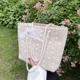 Flower Embroidery Lace Straw Bag, Women's Woven Shoulder Bag, Fashion Summer Beach Handbag
