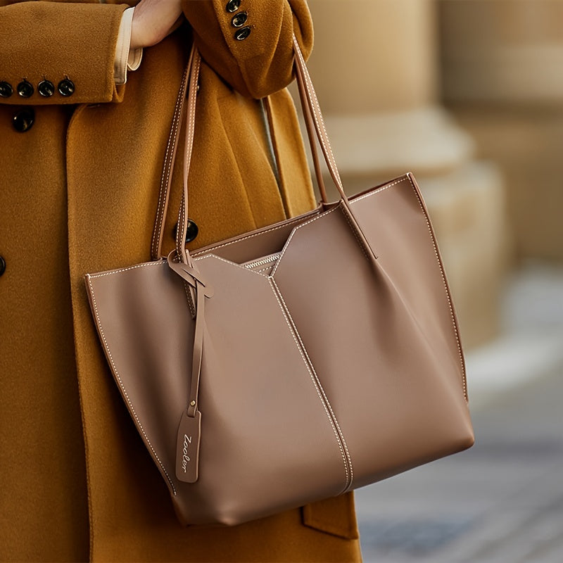 realaiot  Stitch Detail Tote Bag, Elegant Large Handbag, Women's Simple Shoulder Bag For Work & School