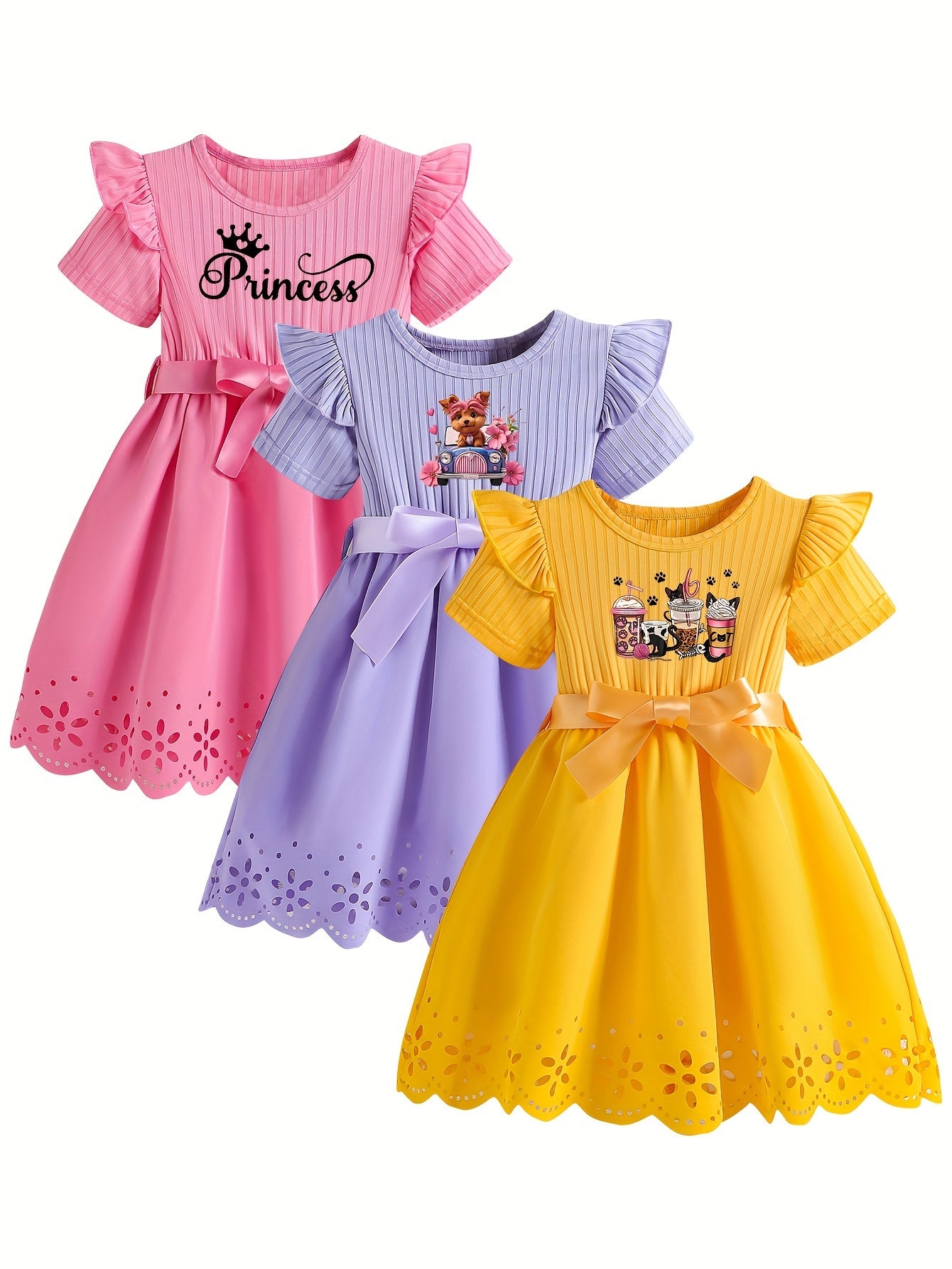 3pcs Girls Adorable Cartoon Character Print Casual Dress Set - Ruffle, Hollow-Out Design, Short Sleeve, Bowknot Belt, Polyester Fabric, Slight Stretch, Regular Fit, Alphabets Pattern, Summer Wear, Knit Fabric