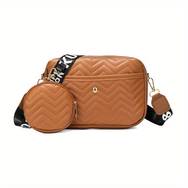 realaiot  Quilted Crossbody Bag With Coin Purse, Women's PU Leather Square Shoulder Bag