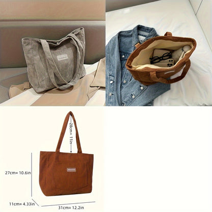 Large Capacity Shoulder Bag, Trendy Corduroy Tote Bag, Solid Color Ladies Handbag With Front Pocket