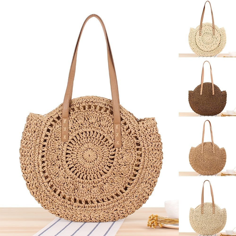 realaiot  Hollow-Out Straw Handbag, Fashion Woven Beach Bag, Round Large Capacity Shoulder Bag