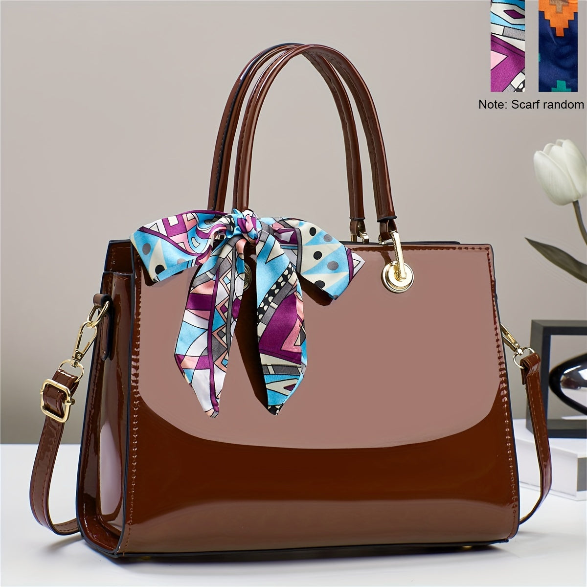 Fashion Bright PU Leather Handbag, Large Capacity Crossbody Bag, Women's Scarf Decor Satchel Purse