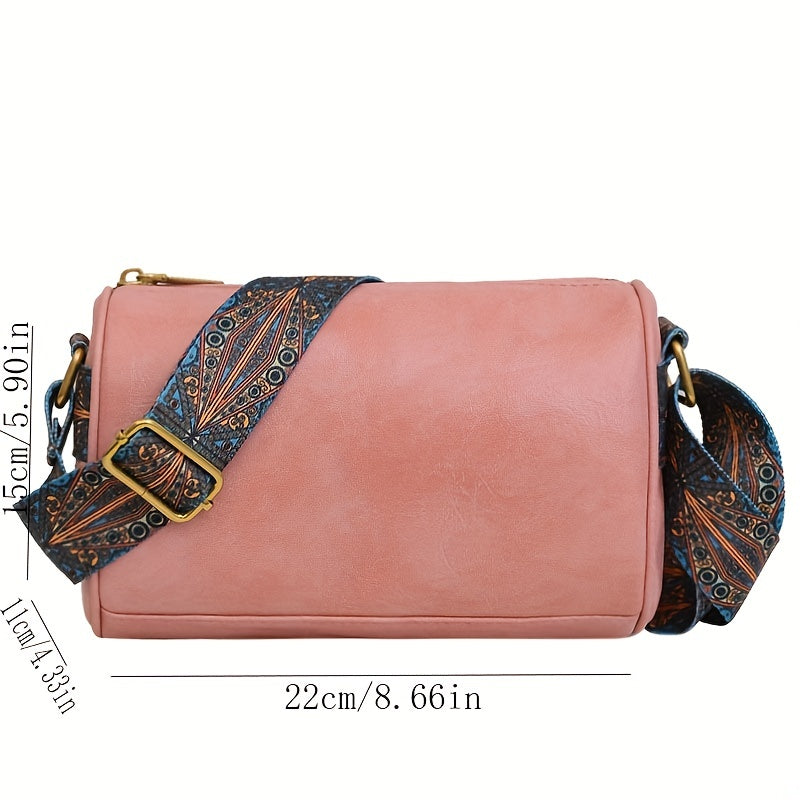 realaiot  Vintage Wide Strap Boston Crossbody Bag, PU Leather Cylinder Bag Purse, Classic Versatile Fashion Shoulder Bag