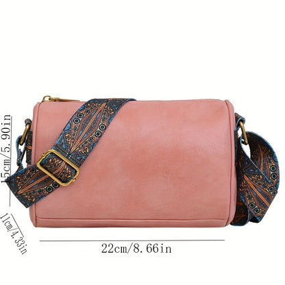 realaiot  Vintage Wide Strap Boston Crossbody Bag, PU Leather Cylinder Bag Purse, Classic Versatile Fashion Shoulder Bag