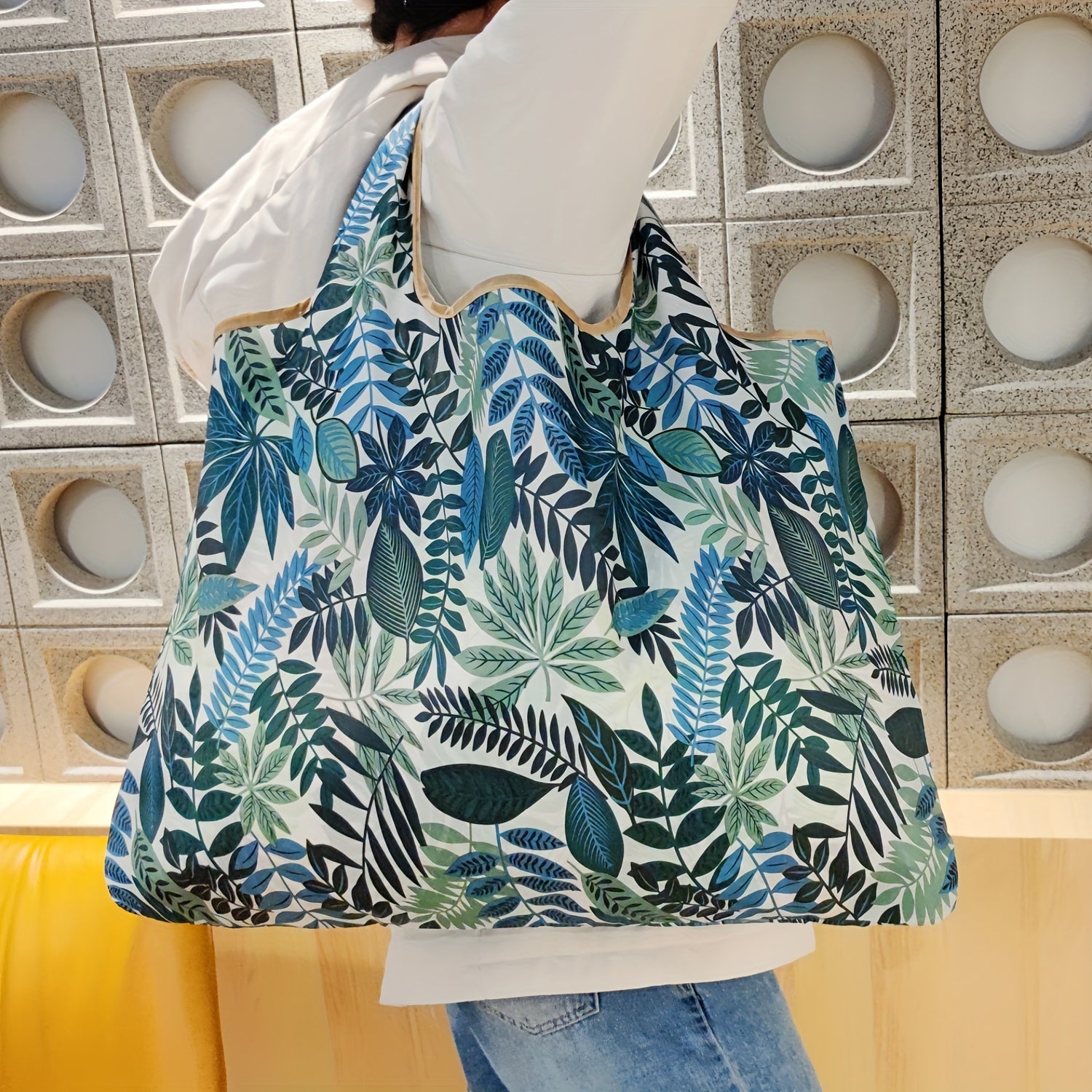 realaiot  Large Capacity Leaves Pattern Shoulder Bag, All-Match Versatile Shopping Grocery Handbag For Women