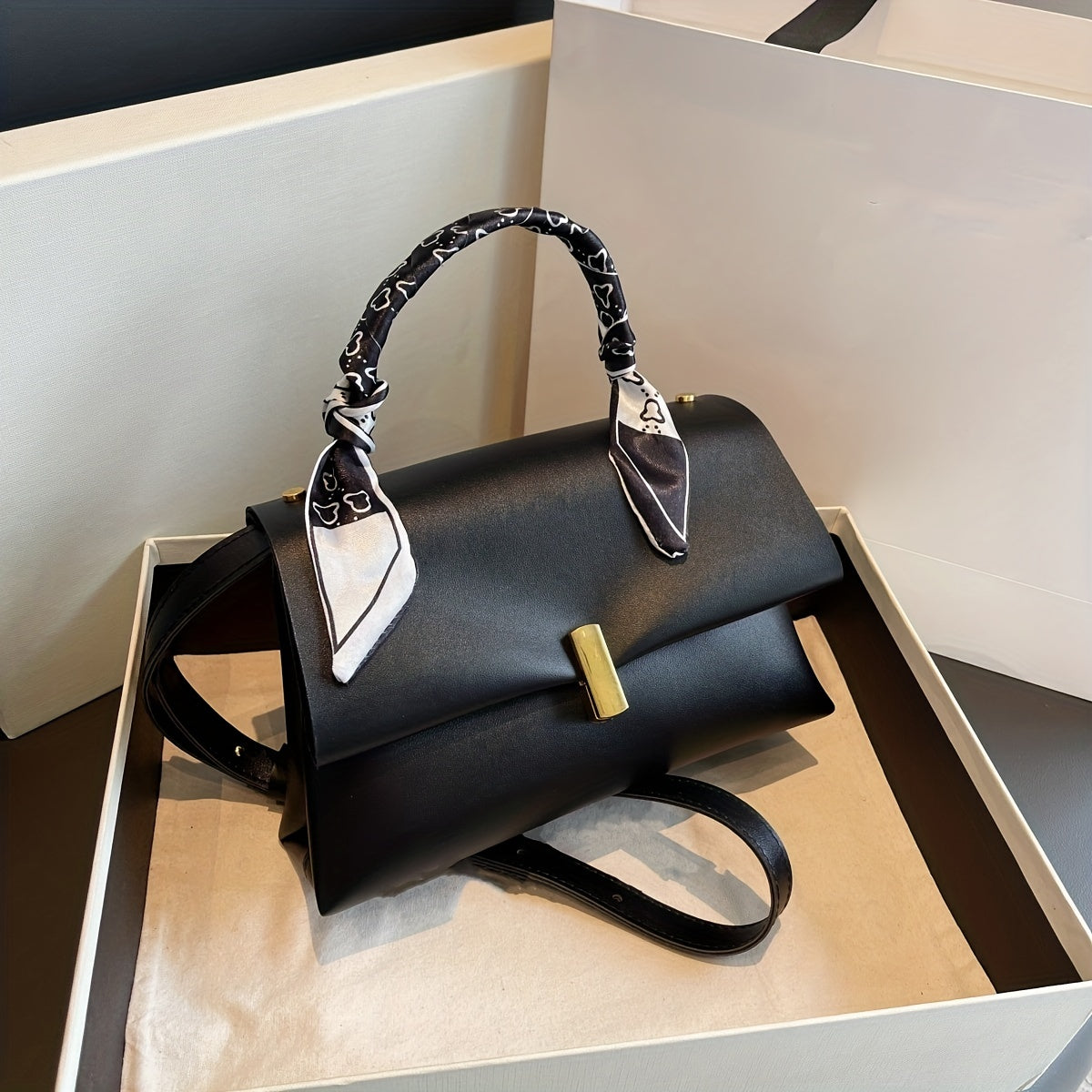 realaiot  Scarf Handle  Crossbody Flap Bag, PU Leather Textured Bag Purse, Classic Versatile Fashion Shoulder Bag