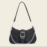 realaiot  Buckle Chain Decor Shoulder Bag, Zipper Stylish Underarm Bag, Faux Leather Versatile Shoulder Bag