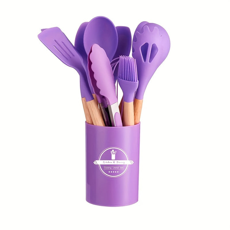 1 Set Kitchen Utensil Set, Silicone Cookware Set, 12pcs Silicone Kitchen Utensil Set, Wooden Cooking Utensils, Kitchen Gadgets, Silicone Cutlery Set, Kitchen Tools With Storage Bucket