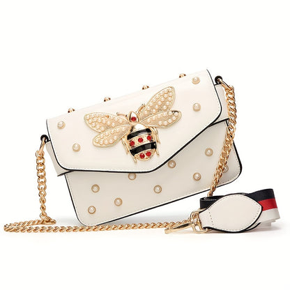 Trendy Bee Crossbody Bag, Faux Pearl Decor Square Purse, Women's Chain Shoulder Bag