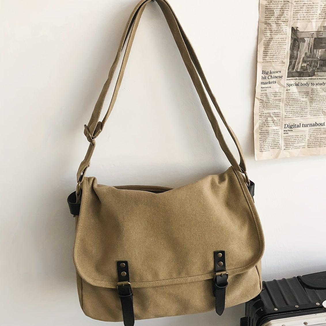 Casual Simple Messenger Bag, Canvas Large Capacity Crossbody Bag, Minimalist Flap Bag For School