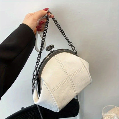 Vintage Chain Crossbody Bag, Stitching Shell Shoulder Bag, Women's Stylish Kiss Lock Purses