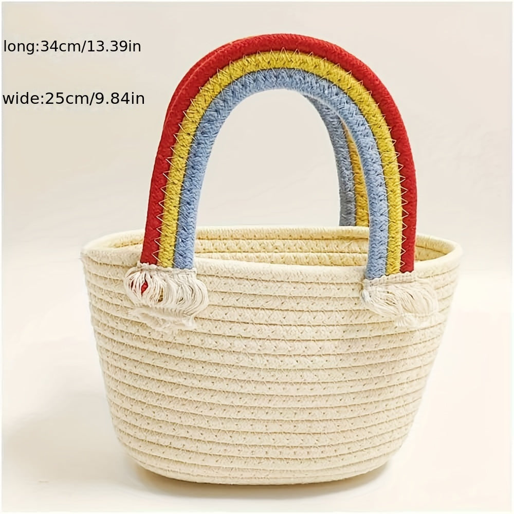 realaiot  Straw Woven Tote Bag, Rainbow Handle Basket Bag, Women's Casual Handbag For Beach Travel