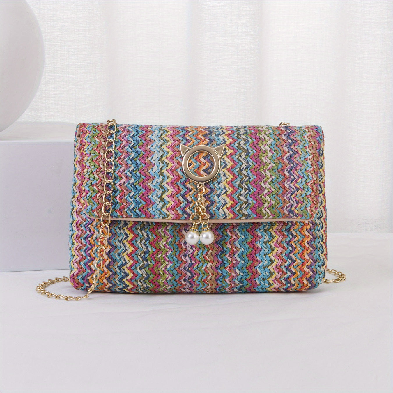 realaiot  Rainbow Straw Woven Beach Bag, Fashion Chain Crossbody Bag, Colorful Stripes Square Purse