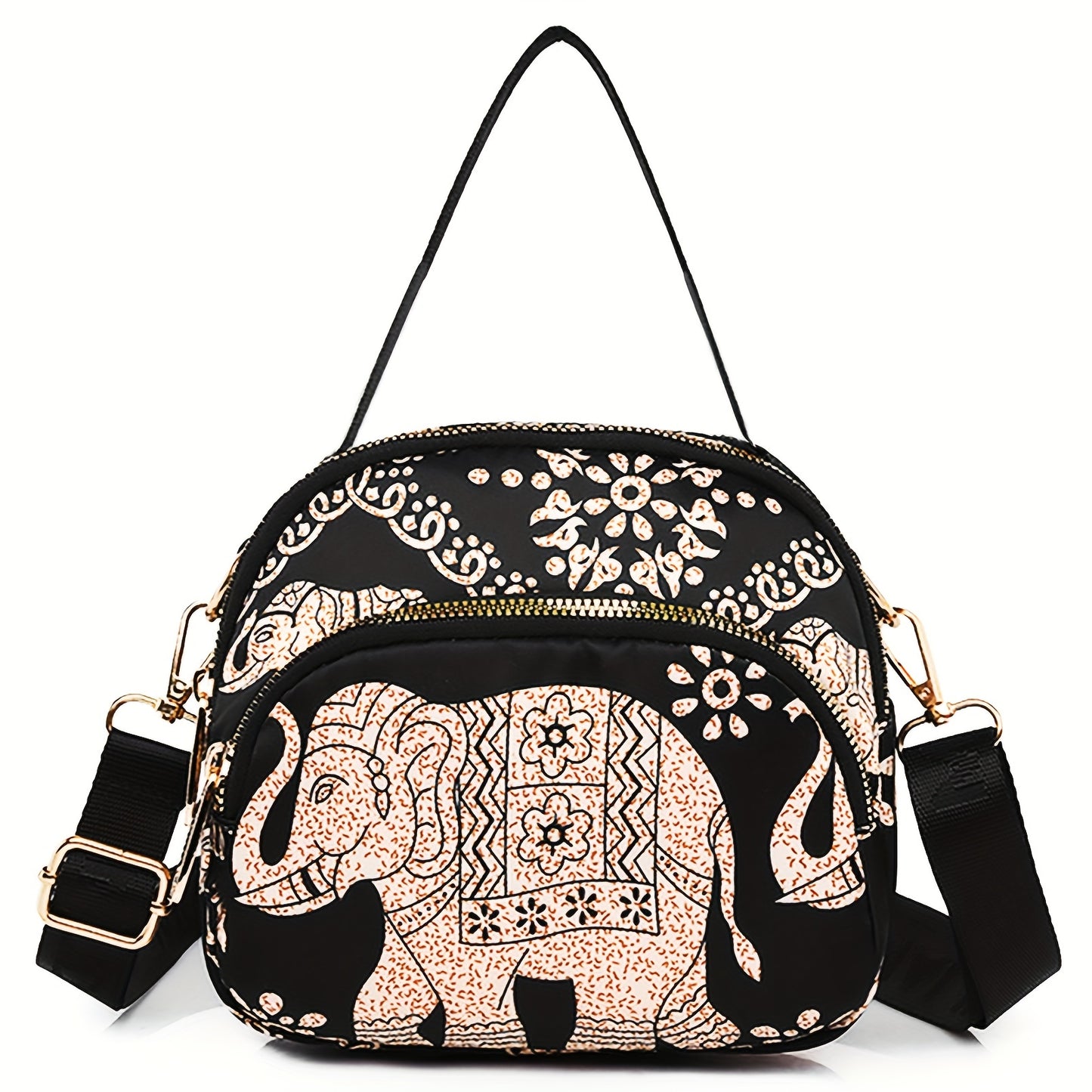 realaiot  Elephant & Floral Printed Shoulder Bag, Stylish Nylon Crossbody Bag, Casual Going Out Handbag