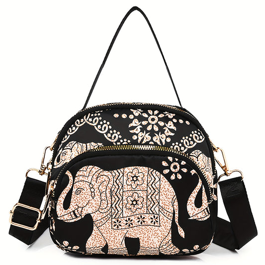 Elephant & Floral Printed Shoulder Bag, Stylish Nylon Crossbody Bag, Casual Going Out Handbag