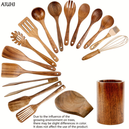 1 Set, Premium Teak Wooden Cooking Utensils Set - Extremely Durable, Non-Scratch, and Gentle on Cookware, Complete with Spoons and Spatula for Healthy and Natural Cooking, Perfect for Preparing Nutritious Meals with Natural Ingredients