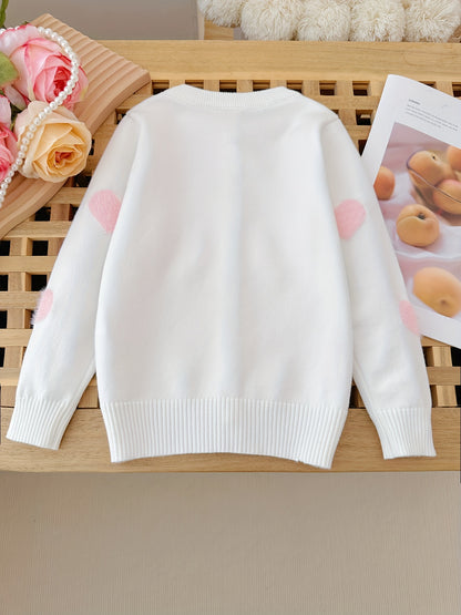 Toddler Girls Exquisite Knit Cardigan - Soft, Vibrant Red with Adorable White Heart Patterns, Classic Button-Front, Long Sleeves - Perfect for Spring and Autumn, Latest  Fashion Trend