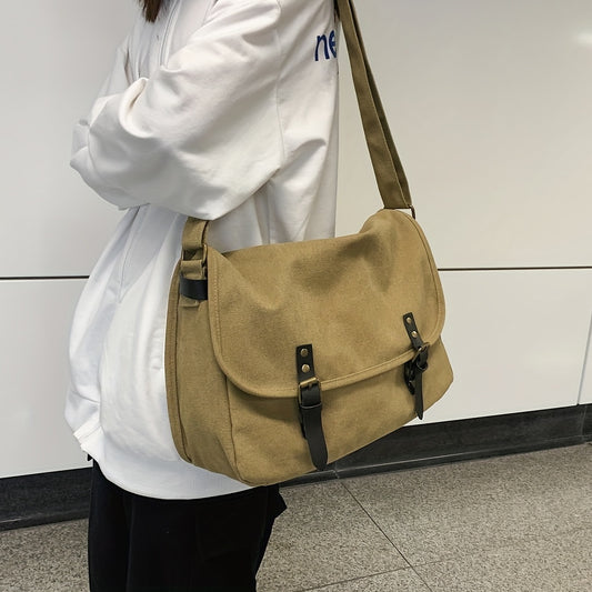 Casual Simple Messenger Bag, Canvas Large Capacity Crossbody Bag, Minimalist Flap Bag For School