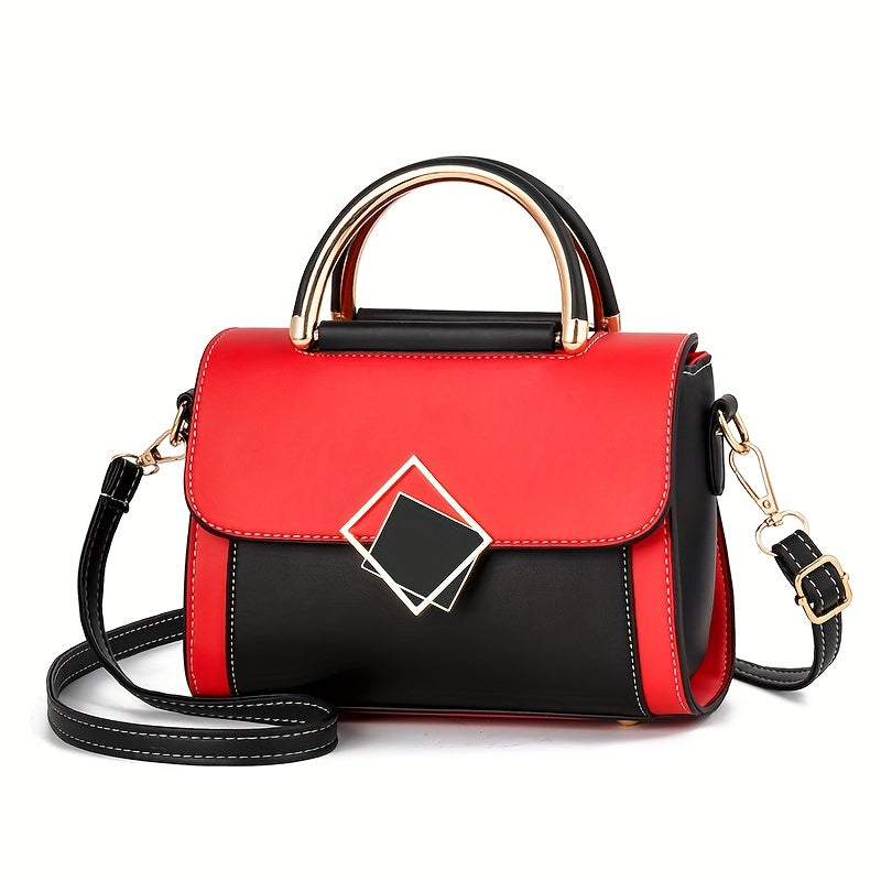 realaiot  Color Contrast Satchel Flap Crossbody Bag, PU Leather Textured Bag Purse, Classic Versatile Fashion Shoulder Bag