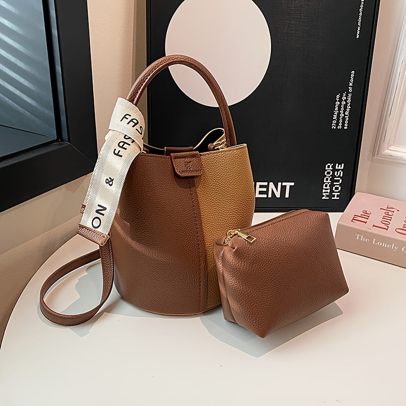 Two Tone Simple Bucket Bag, Letter Twilly Scarf Decor Fashion Shoulder Bag, PU Leather Top Handle Crossbody Bag For Women