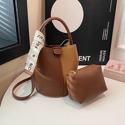 Two Tone Simple Bucket Bag, Letter Twilly Scarf Decor Fashion Shoulder Bag, PU Leather Top Handle Crossbody Bag For Women