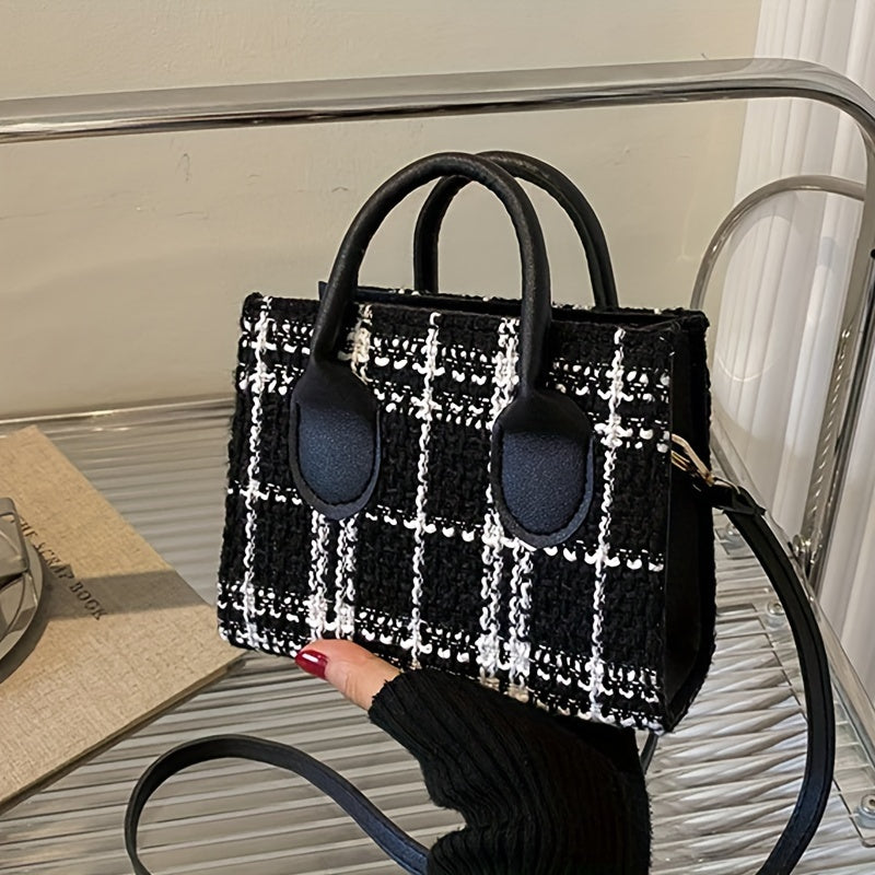 realaiot  Mini Plaid Pattern Tote Bag, Luxury Tweed Crossbody Bag, Women's Elegant Handbag & Purse