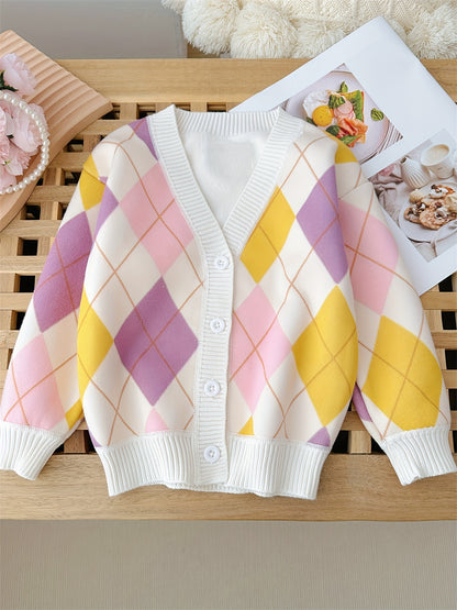 Girls Boys Contrast Argyle Knit Sweater With Fleece Lining, V-neck Cardigan Sweater For Spring And Autumn