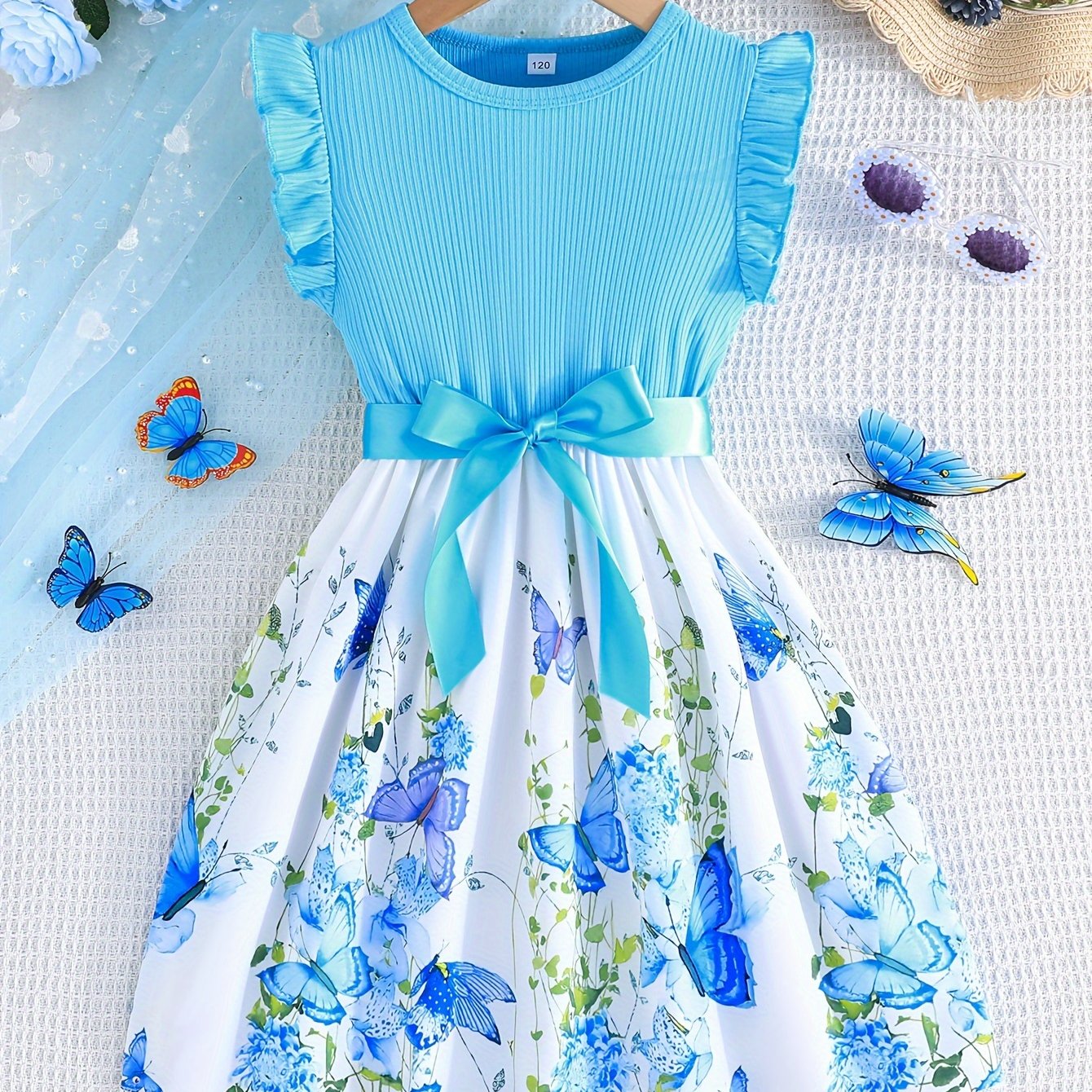 Girls Enchanting Fantasy Butterfly Print Spliced Midi Dress -Casual Summer Holiday Style - Perfect Gift Idea