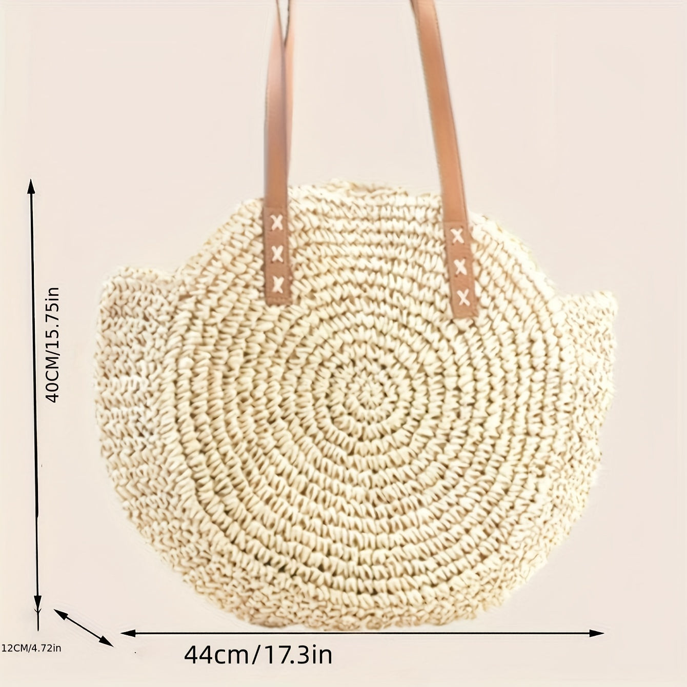 realaiot  Round Woven Straw Bag, Boho Style Summer Beach Bag, Large Capacity Shoulder Bag For Women