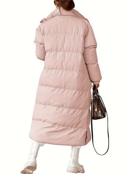 Solid Quilted Zipper Up Puffer Coat, Casual Long Sleeve Button Front Baggy Long Length Puffer Coat For Fall & Winter, Women's Clothing