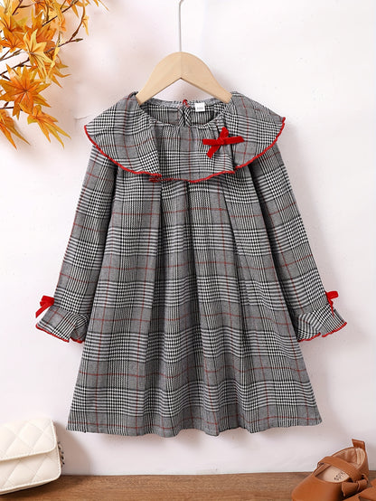 Stylish Plaid Bow Decor Long Sleeve Collar Dress for Girls - Elegant Trendy Design, Perfect for Spring and Fall Seasons, Party and Gift Occasions - Soft Fabric, Comfortable Fit, and Classic Style