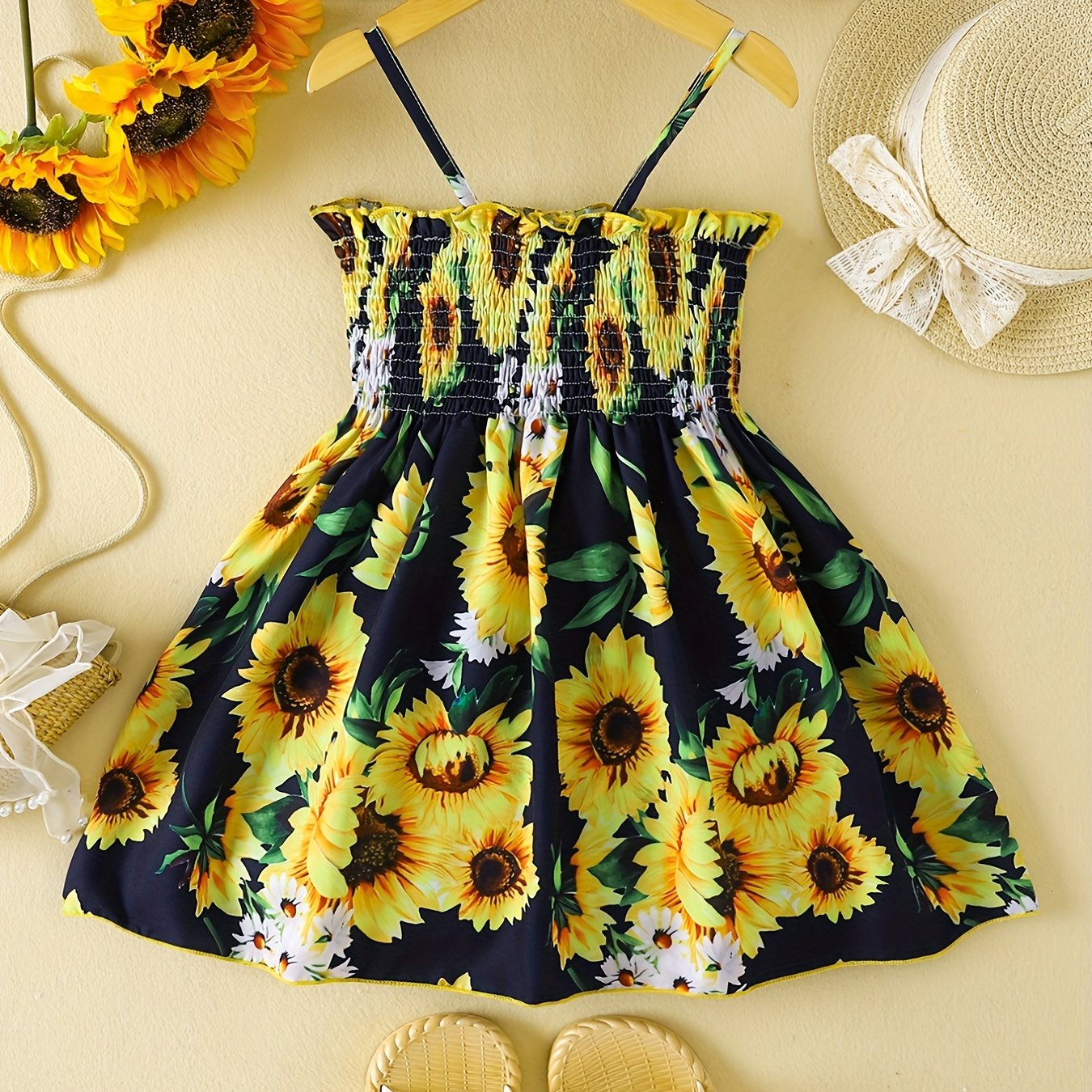 Toddler Girls Gradient Color Sunflower Graphic Frill Trim Shirred Cami Princess Dress For Party Beach Vacation Kids Summer Clothes 4th Of July Outfit