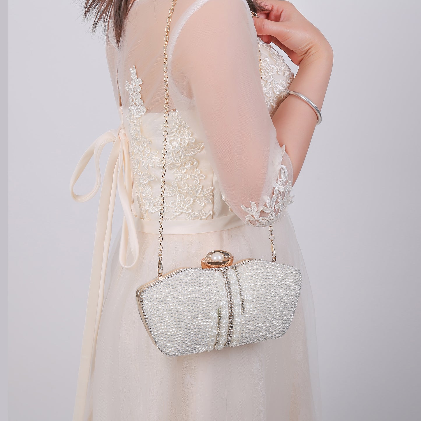 Handmade Beaded Evening Bag, Faux Pearl Clutch Purse, Women's Elegant Handbags For Party Prom Wedding