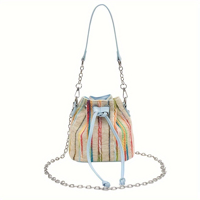 realaiot  Striped Tweed Bucket Bag For Women, Trendy Mini Chain Crossbody Bag, Autumn Winter Drawstring Shoulder Purse