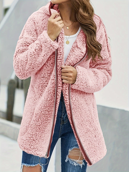 Womens Hooded Fuzzy Fleece Coat Solid Oversized Contrast Color Edging Winter Warm Jacket Outerwear