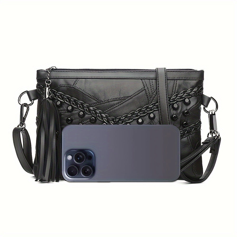 Studded Decor Crossbody Bag, Gothic Black Shoulder Bag, Trendy Wrist Clutch Purse With Tassel