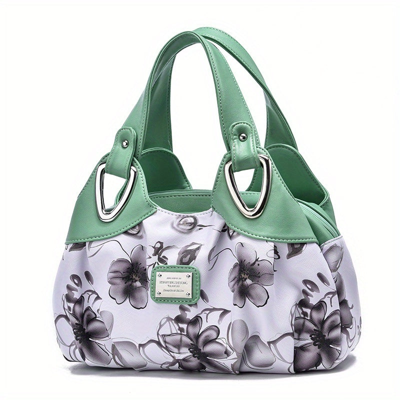 realaiot Floral Print Top Handle Tote Bag, Fashion PU Satchel Bag, Women's Trendy Casual Handbag & Purse